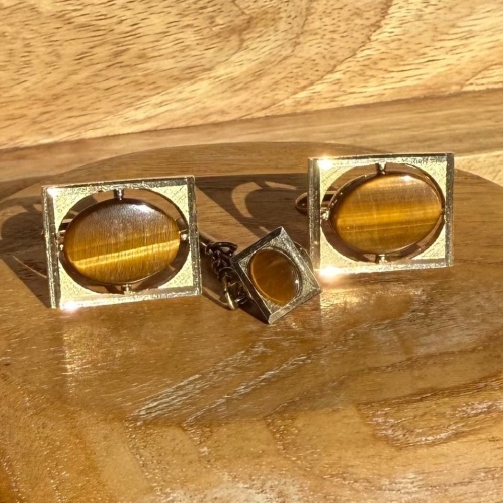 Vintage Swank Gold‎ Tone Square Cufflinks +Tie Pin with Tiger Eye Stone Classic